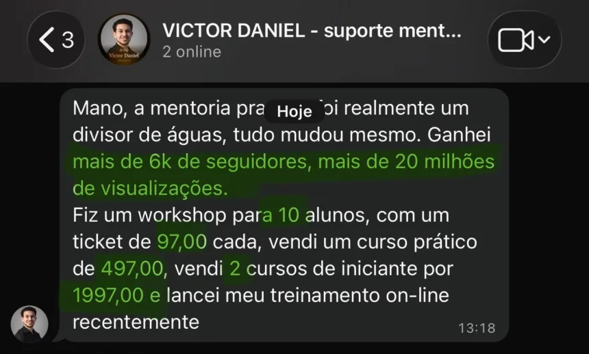 Conversa no WhatsApp: mentorado relata mais de 6 mil seguidores, 20 milhões de visualizações e vendas de cursos.