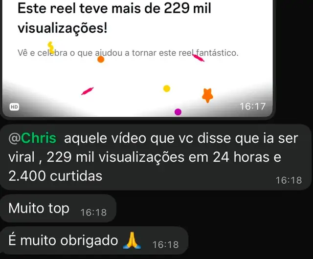 Depoimento de Cleberney Silva: o reel que o Christopher disse que ia viralizar teve 229 mil visualizações em 24 horas e 2.400 curtidas.